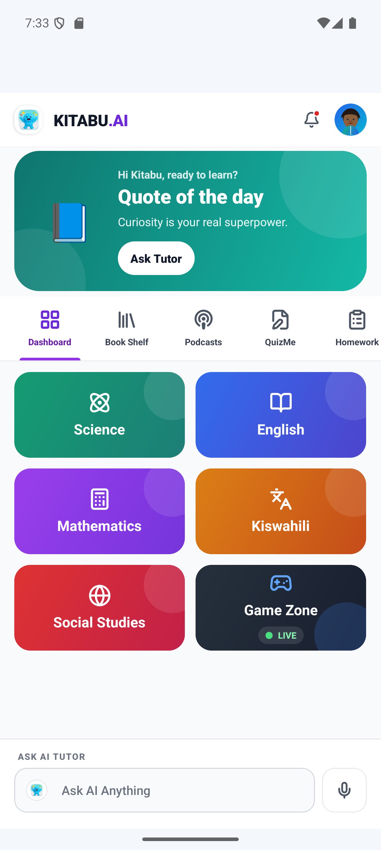 Kitabu AI tutor chat on a phone